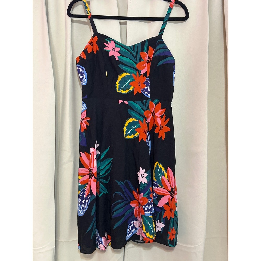 Old Navy Cami Dress Medium Black Tropical Floral Smocked Fit & Flare Sun Dress